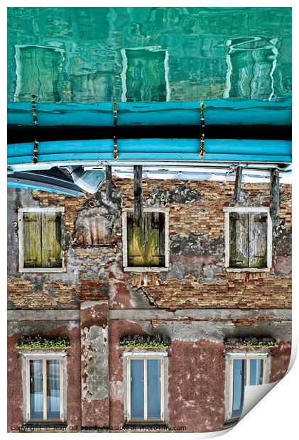 Reflection of Venetian house and boat on a canal Print by Jean Gill