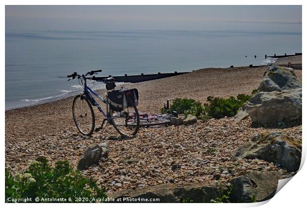 Bicycles on the shingle beach Print by Antoinette B