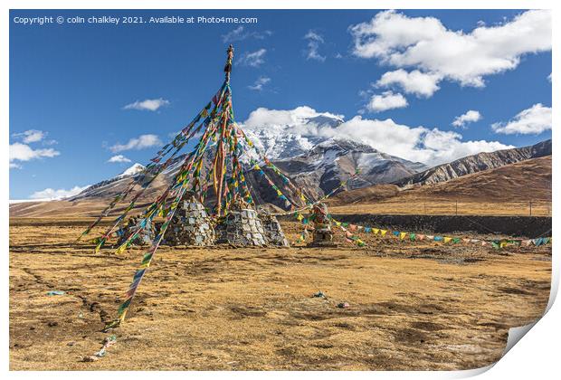 Tibetan Prayer Flags and Pole Print by colin chalkley