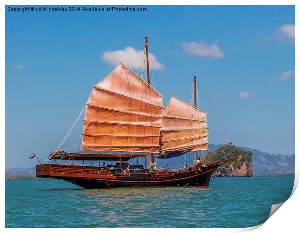 Chinese style junk in the Andaman Sea Print by colin chalkley