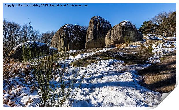 Les Pierres Jaumatres of Mont Barlot in snow Print by colin chalkley
