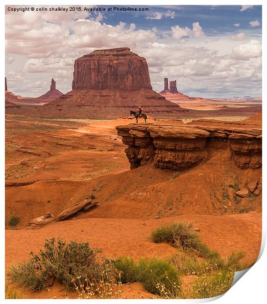  A Lone Horseman in Monument Valley, USA Print by colin chalkley