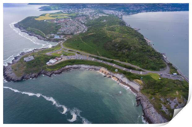 Drone view of Bracelet Bay and Mumbles Hill Print by Leighton Collins