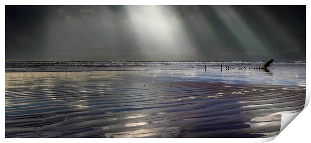 Rays of sunlight at Rhossili Print by Leighton Collins