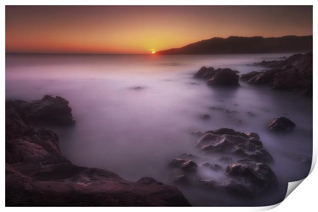Rotherslade Bay, sunset, Rotherslade sunset, smoot Print by Leighton Collins