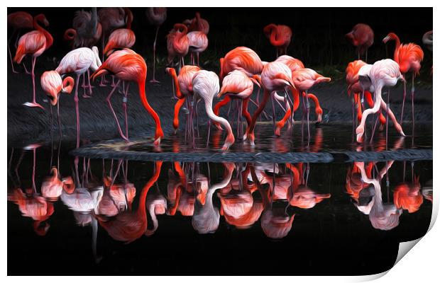 Flamingos using an oil painting filter Print by Leighton Collins