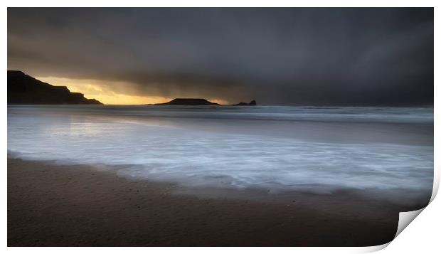 Sunset at Worms Head and Rhossili Bay Print by Leighton Collins