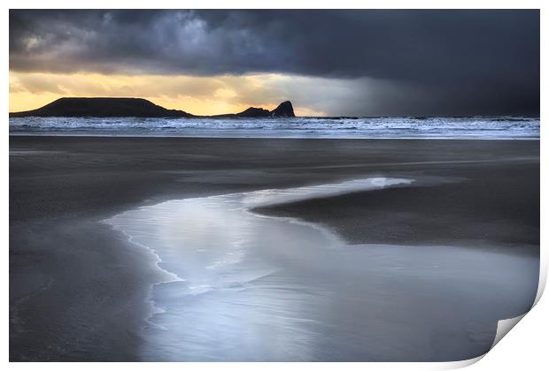 Dusk at Worms Head and Rhossili Bay Print by Leighton Collins