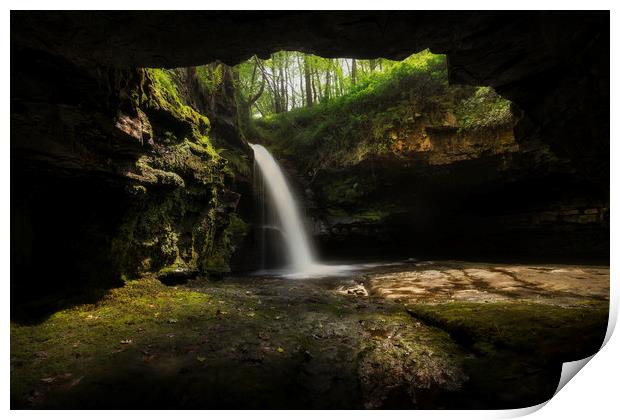 A cave with a waterfall Print by Leighton Collins