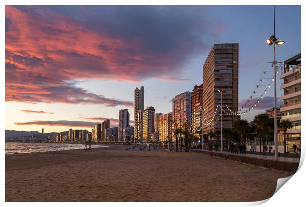 Sunset at Levante beach in Benidorm Print by Leighton Collins