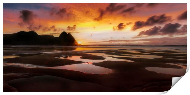 Three Cliffs Bay sunrise Print by Leighton Collins