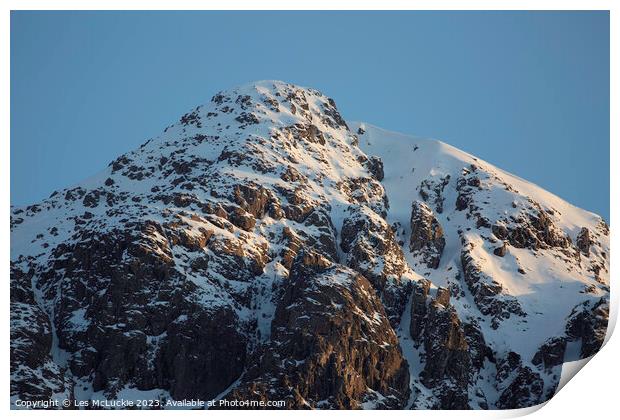 Outdoor mountain with sunlight hitting mid winter Print by Les McLuckie