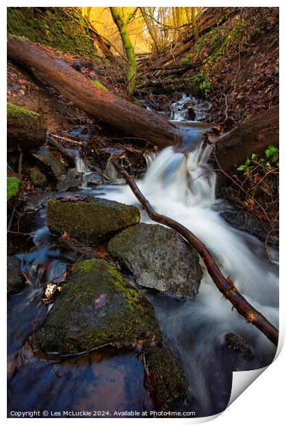 Waterfall running towards the river Clyde New Lanark Print by Les McLuckie