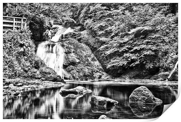 Majestic Waterfall in Black and White Print by Les McLuckie