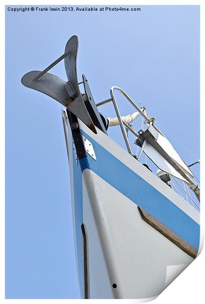 The bow of a yacht set against a blue sky. Print by Frank Irwin