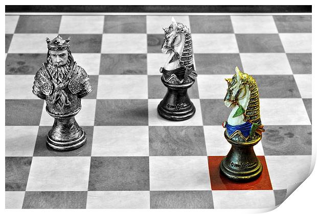 A Knight from a medieval chess set on a convention Print by Frank Irwin