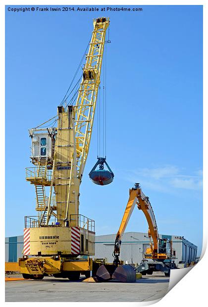 Dockside cranes with clamshell buckets Print by Frank Irwin