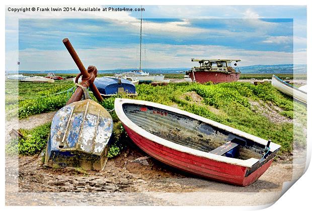 Boats lined up on Heswall Beach Print by Frank Irwin