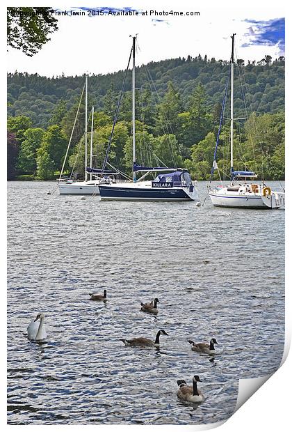 Three yachts lie anchored on Windermere Print by Frank Irwin
