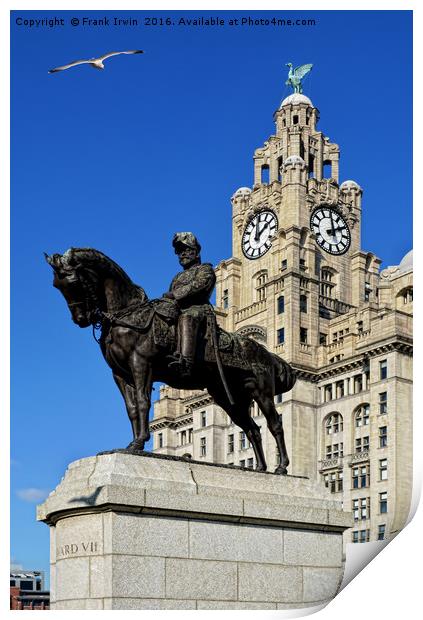 Statue, Edward VII set against the Liver Buildings Print by Frank Irwin