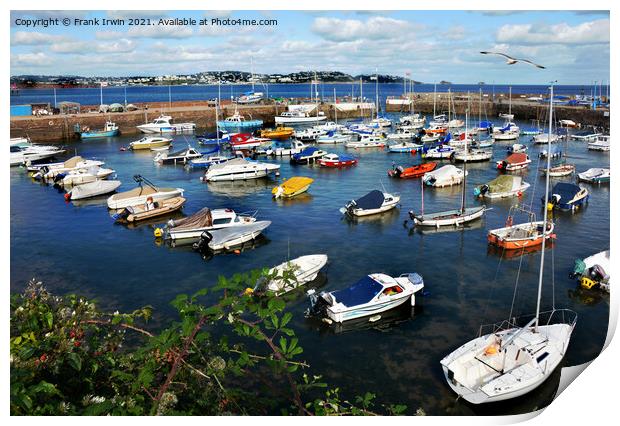 Small boats lie at anchor in Paignton Harbour Print by Frank Irwin