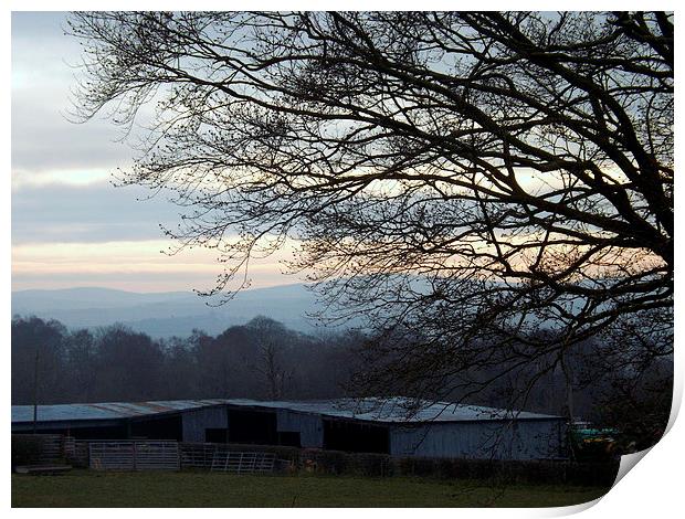 Dusk over the farm sheds Print by Bill Lighterness