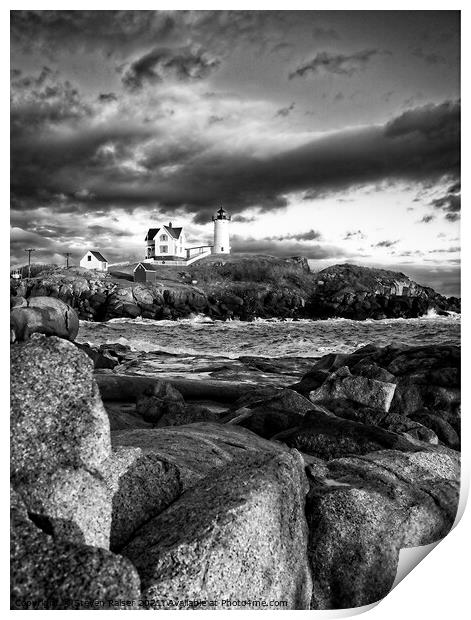 Nubble Lighthouse, Maine 6bw Print by Steven Ralser