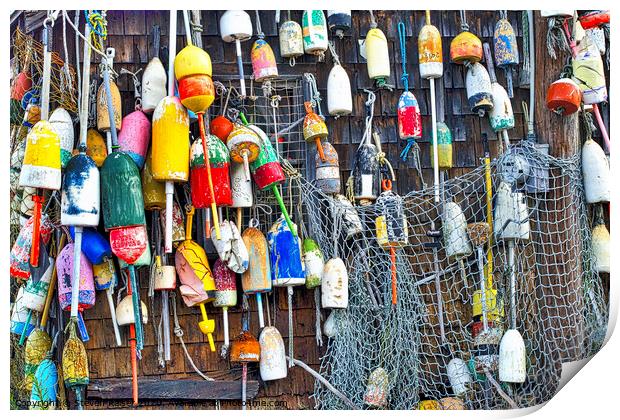 Lobster Buoys on Wall, Cape Neddick, Maine, USA  Print by Steven Ralser