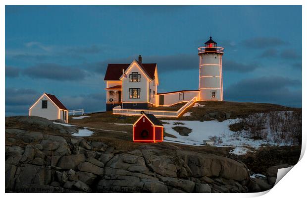 Nubble Lighthouse, York, Maine at Christmas Print by Steven Ralser