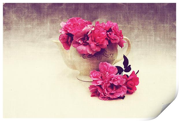 teapot with garden roses Print by olga hutsul