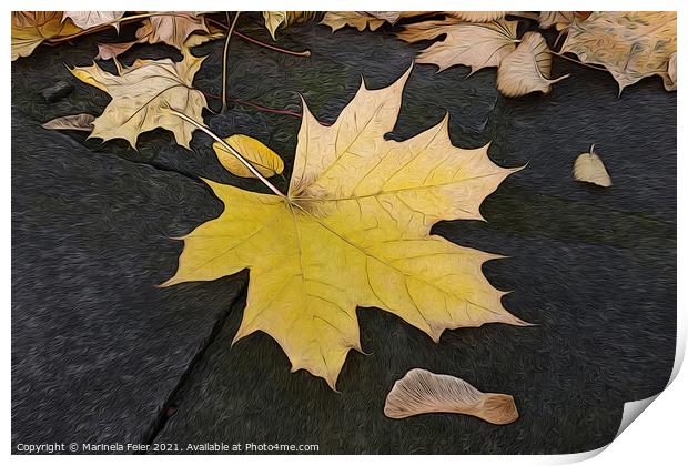 Leaves on sidewalk Print by Marinela Feier