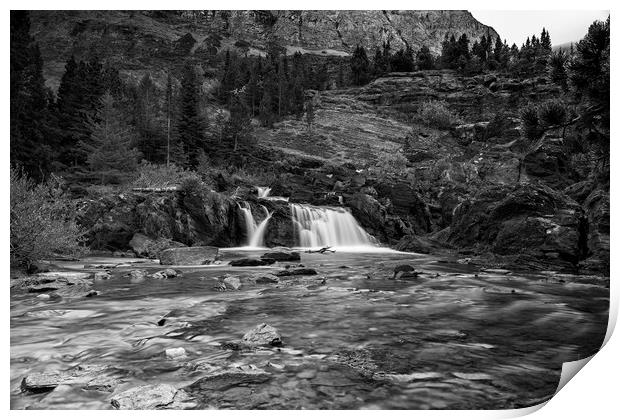 Redrock Falls bw - Glacier National Park Print by Belinda Greb