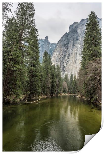 Cathedral Rocks and Spires behind Merced River Print by Belinda Greb