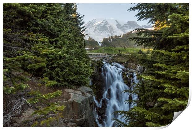 Mount Rainier and Myrtle Falls, Late Afternoon Print by Belinda Greb