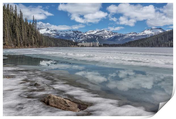 Reflections in a Partially Thawed Lake Louise Print by Belinda Greb
