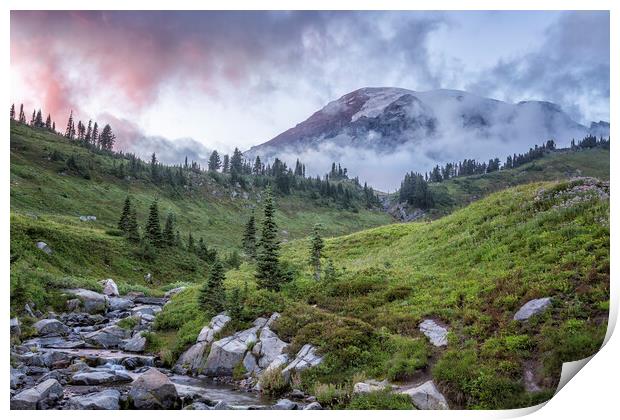 Mount Rainier and Edith Creek at Sunset Print by Belinda Greb