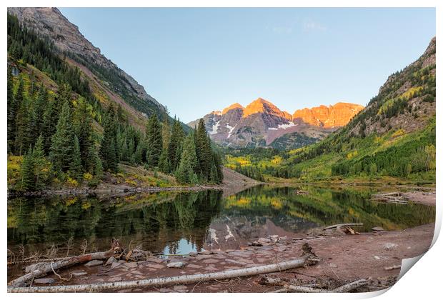 Sunlight Hitting the Peaks at Maroon Bells Print by Belinda Greb