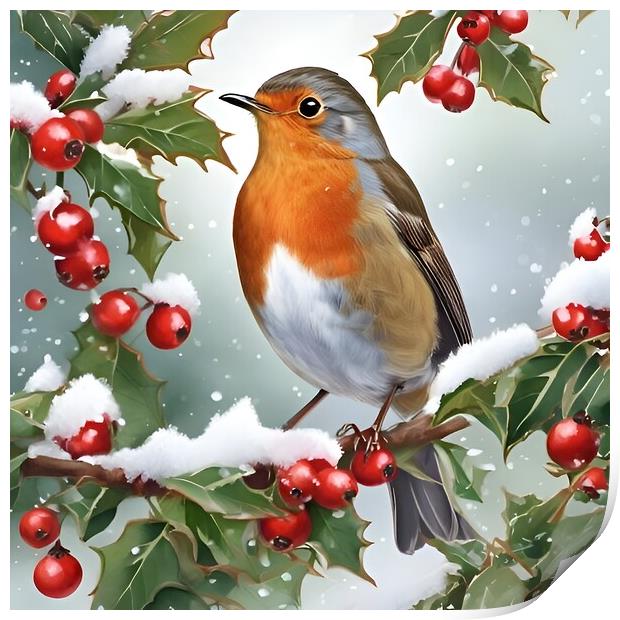 Robin on holly branch Print by Scott Anderson