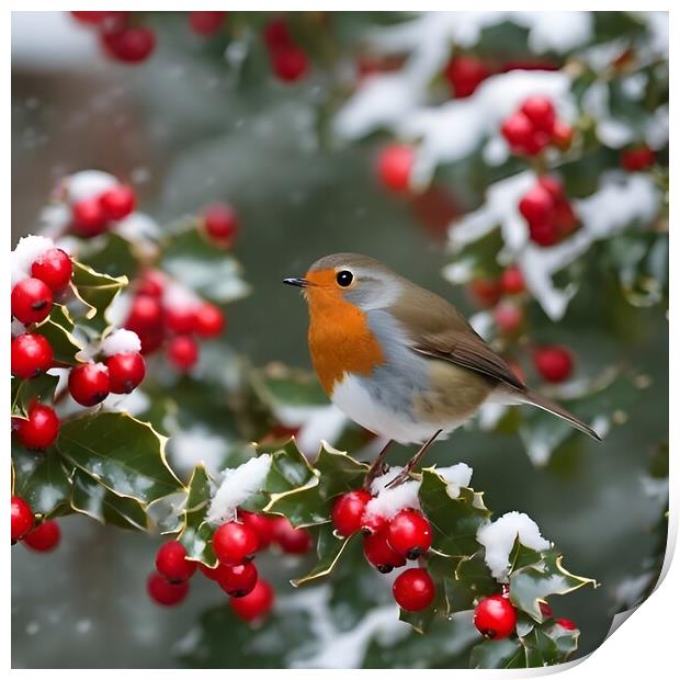 Robin in winter on a holly tree Print by Scott Anderson