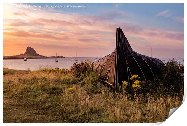 Boat hut and Lindisfarne Castle at sunrise Print by David Preston