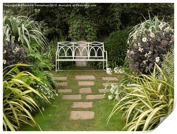 A Peaceful Seat in the White garden at Chenies  Print by Elizabeth Debenham
