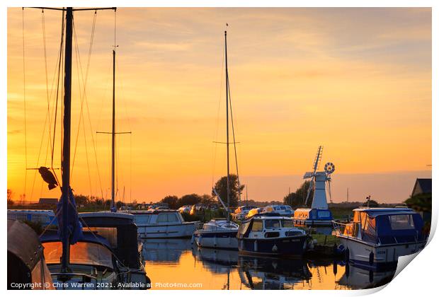 Thurne mill Norfolk at sunset Print by Chris Warren