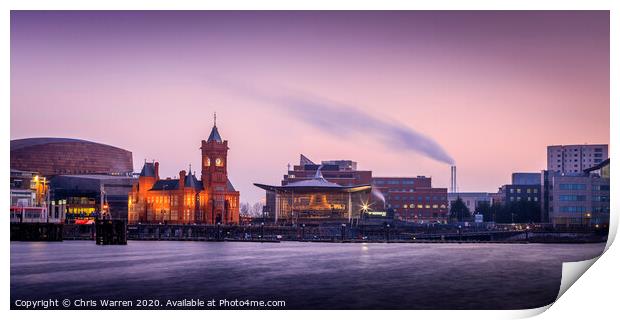 Pier House and Senedd Cardiff in the twilight Print by Chris Warren