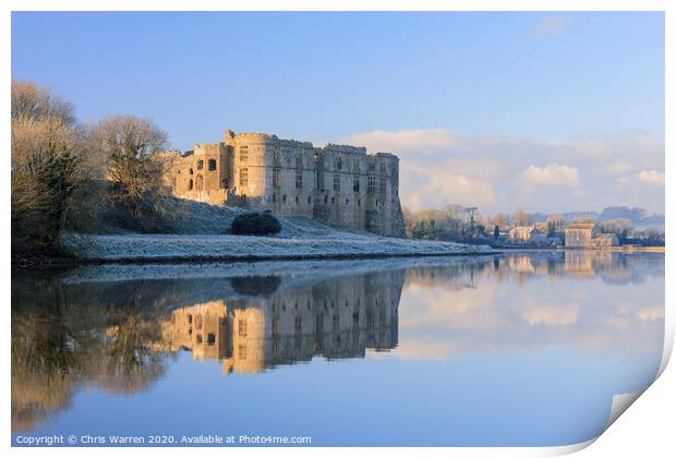 Carew castle reflected in Mill Pond Print by Chris Warren