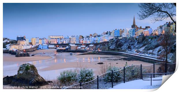 Snow in Tenby at twilight Print by Chris Warren