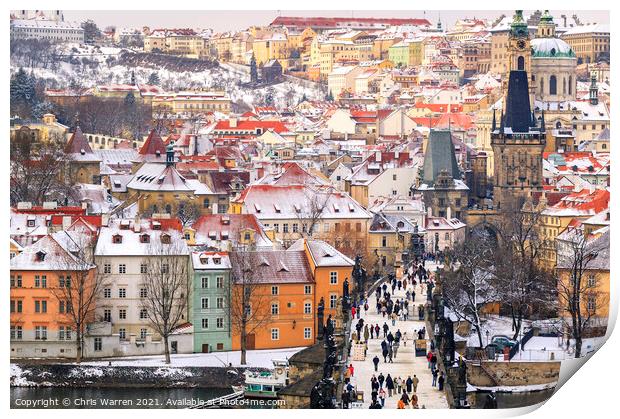 Charles Bridge Prague Czech Republic in the snow Print by Chris Warren