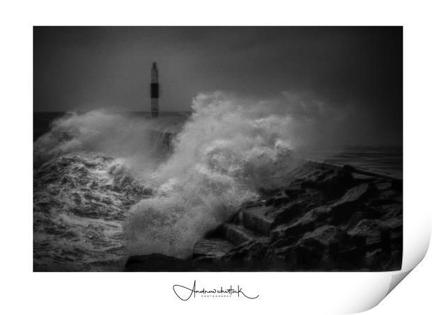 storm hits the harbour in Abersywth Feb 2020 Print by Andrew chittock