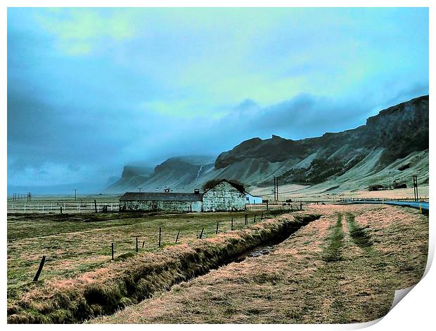 Iceland, Old Barn, Mountains Print by Robert Cane