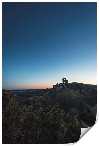 Corfe Castle cloudless sunrise Print by Kevin Browne