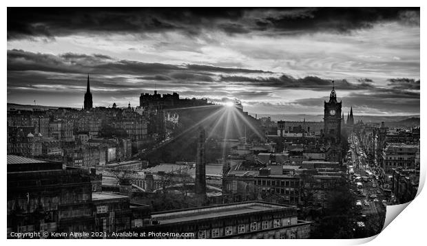 Sun setting beyond Edinburgh Castle Print by Kevin Ainslie
